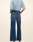 Person wearing a light blue denim shirt and dark blue jeans on a beige background