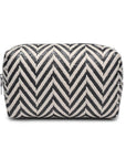 Cosmetic bag with black and white chevron pattern on a white background