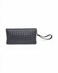 Black woven clutch bag with a wrist strap on a white background