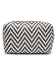 Cosmetic bag with black and white chevron pattern on a white background