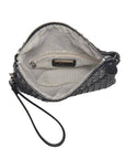 Black woven clutch bag with a visible brand label on a white background