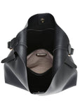 Black leather handbag with gold accents on a white background