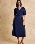 Belted V-Neck Midi Dress
