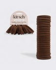 A pack of Kit Sch Seamless Elastic Hair Ties in a medium brown color, shown with one half fanned out on the left and a tall stack of 20 pieces on the right, against a light gray background.