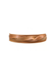 Tan leather belt with a braided design on a white background