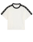 White t-shirt with black trim on a white background