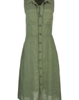 Green sleeveless dress with button details on a white background