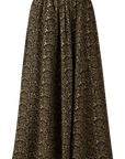 A high-waisted, wide-leg A-line skirt featuring an intricate metallic gold floral brocade pattern over a black base, shown against a plain white background.