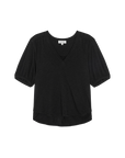 Black short-sleeve top on a white background