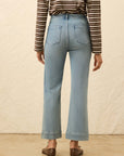 Person wearing light blue jeans and a striped shirt against a neutral background
