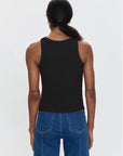 Person wearing a black tank top and blue jeans on a white background
