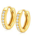 Gold hoop earrings with embedded diamonds on a white background