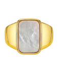 Gold ring with a rectangular mother-of-pearl stone on a white background