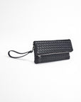 Black woven clutch bag on a white background