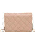 Quilted beige handbag with a chain strap on a white background