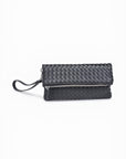 Black woven clutch bag on a white background