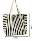 Black and white striped tote bag with measurements on a white background