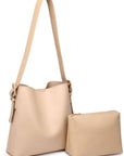 Beige handbag with matching pouch on a white background