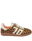 Leopard print sneaker with white accents on a transparent background