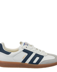 White sneaker with blue stripes on a white background