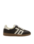 Brown and white sneaker with three stripes on a white background
