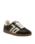 Brown and white sneaker with visible brand logo on a white background