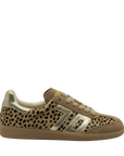 A low-top sneaker featuring a beige and black leopard print pattern on the side panels, with metallic gold suede overlays and a gum brown sole, shown against a plain white background.