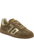 A low-top sneaker featuring a brown and black leopard print pattern on the toe box and side panels, combined with smooth brown suede overlays, beige laces, and metallic gold side stripes and tongue embroidery.