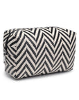 Cosmetic bag with black and white zigzag pattern on a white background