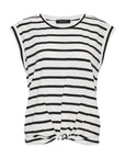 Black and white striped sleeveless top on a white background