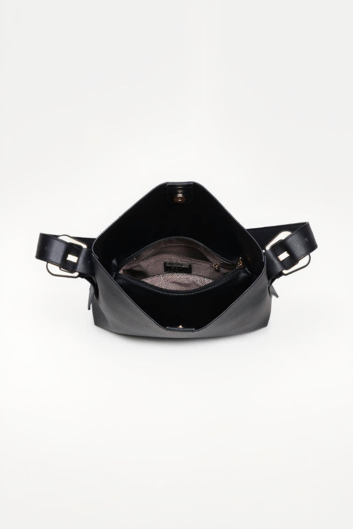 Black leather bag with a strap on a white background