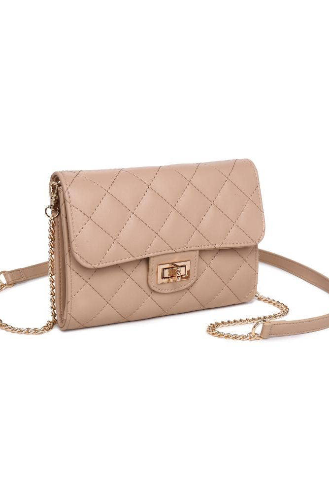 Beige quilted handbag with a chain strap on a white background