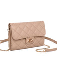 Beige quilted handbag with a chain strap on a white background