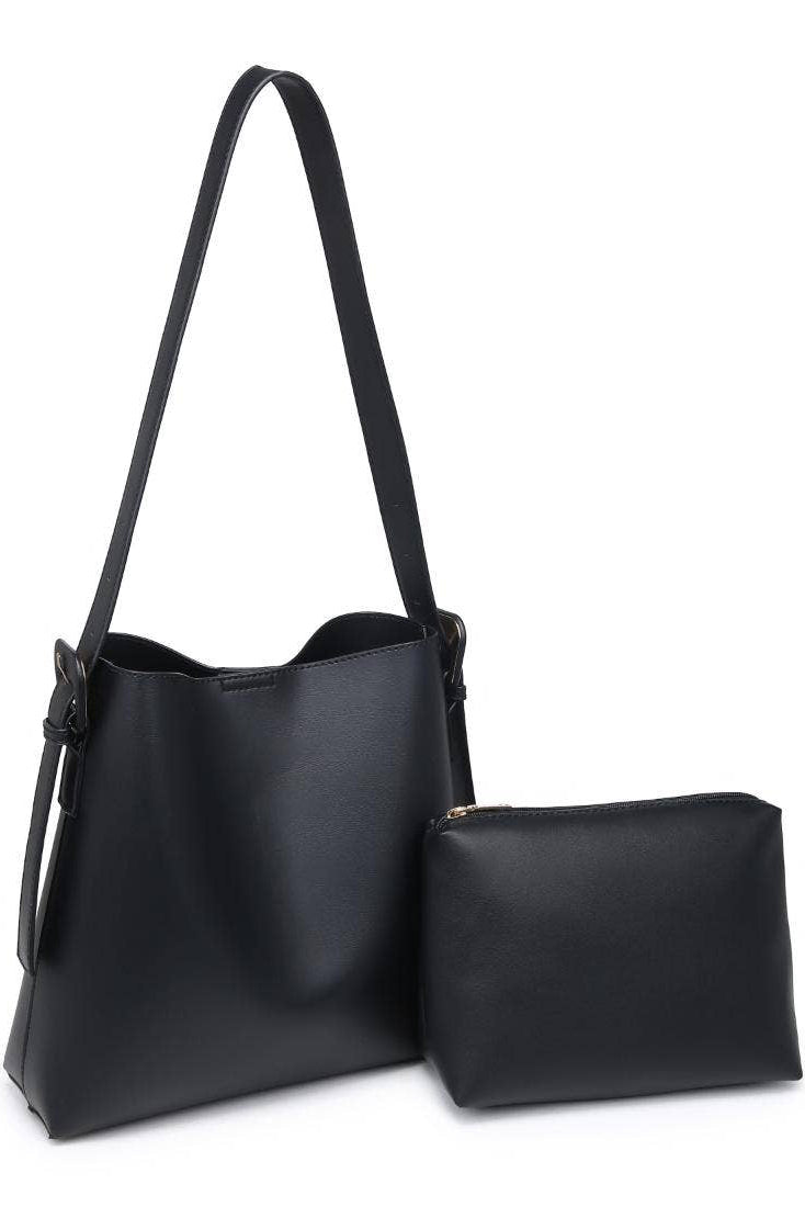 Black shoulder bag and matching pouch on a white background