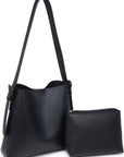 Black shoulder bag and matching pouch on a white background
