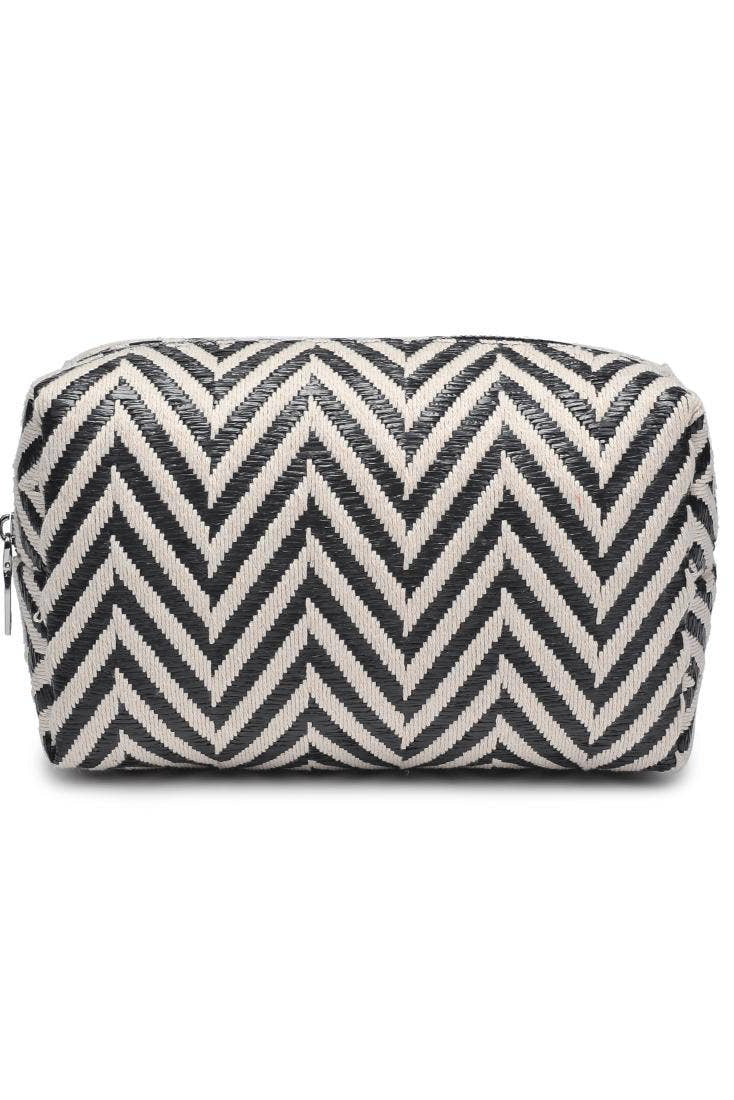 Cosmetic bag with black and white chevron pattern on a white background