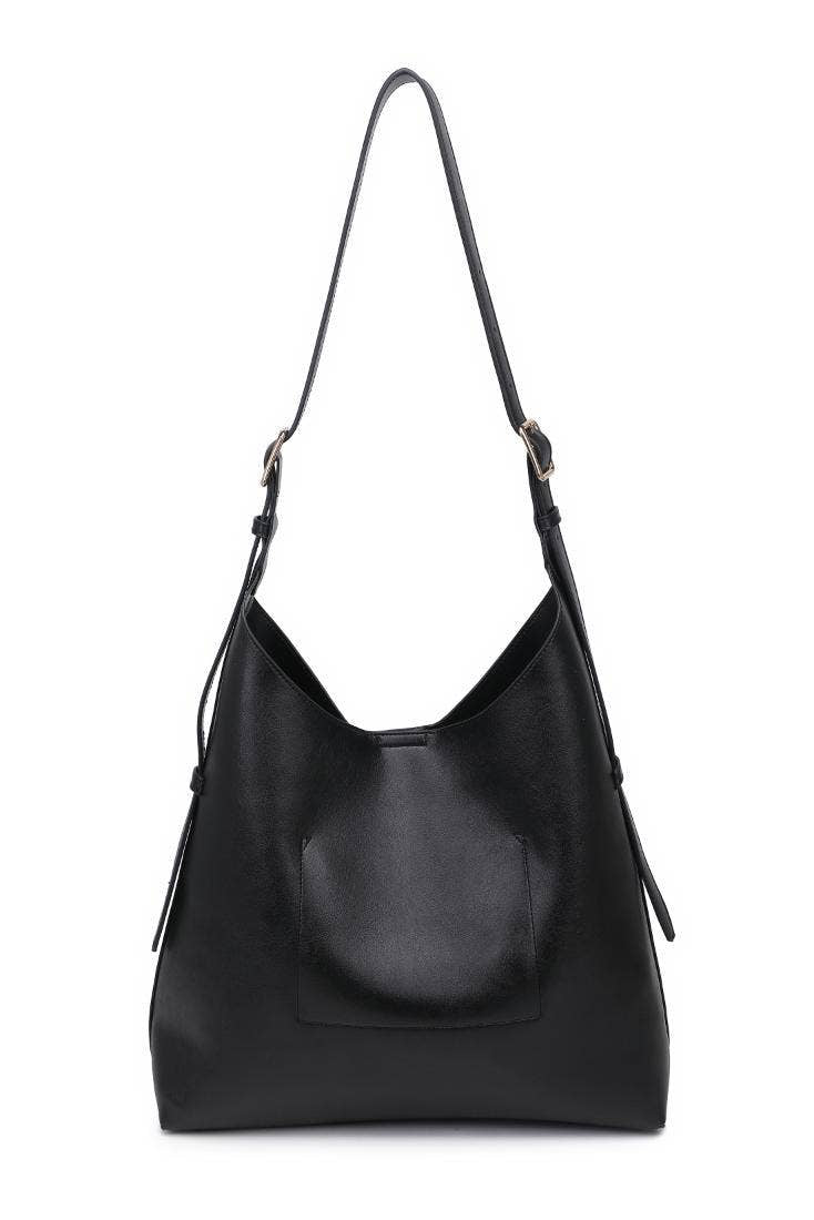 Black leather handbag on a white background