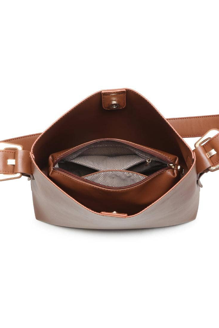 Brown leather bag with a strap on a white background