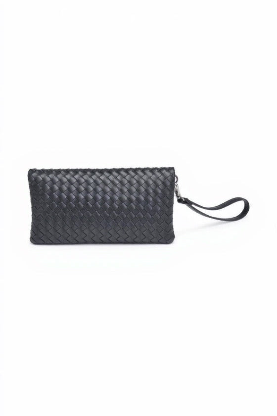 Black woven clutch bag with a wrist strap on a white background