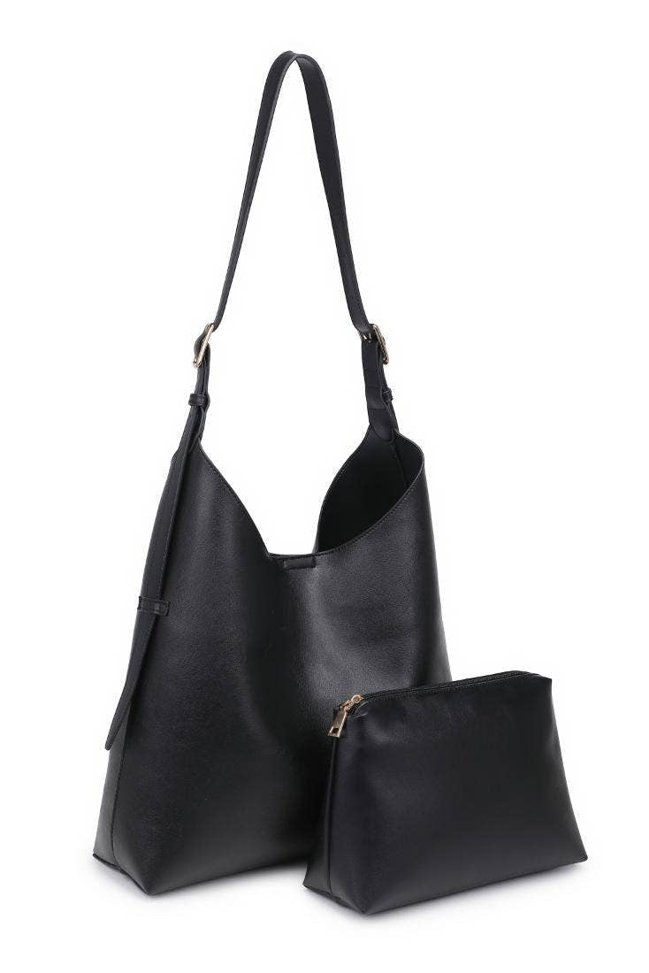 Black leather handbag with matching pouch on a white background