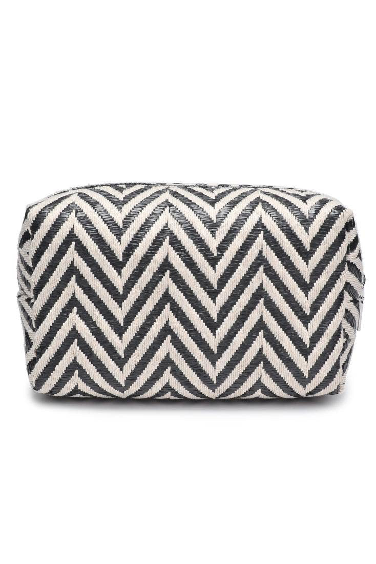 Cosmetic bag with black and white chevron pattern on a white background