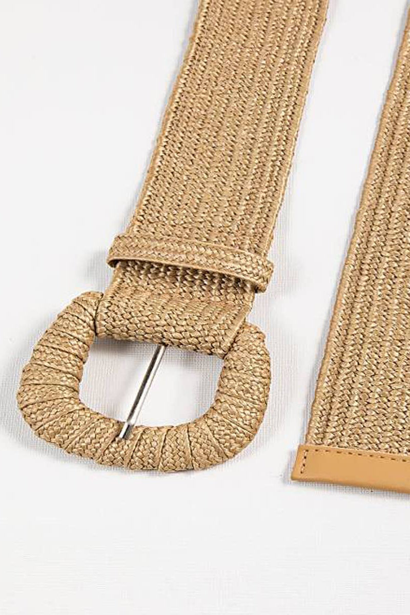Beige woven belt with a metal buckle on a white background