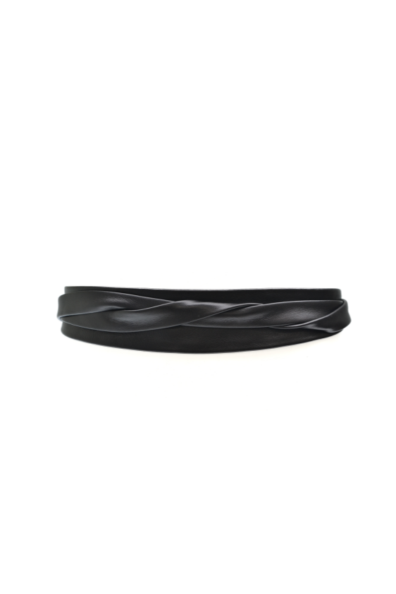 Black belt with a braided design on a white background