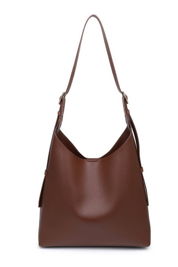 Brown leather handbag on a white background