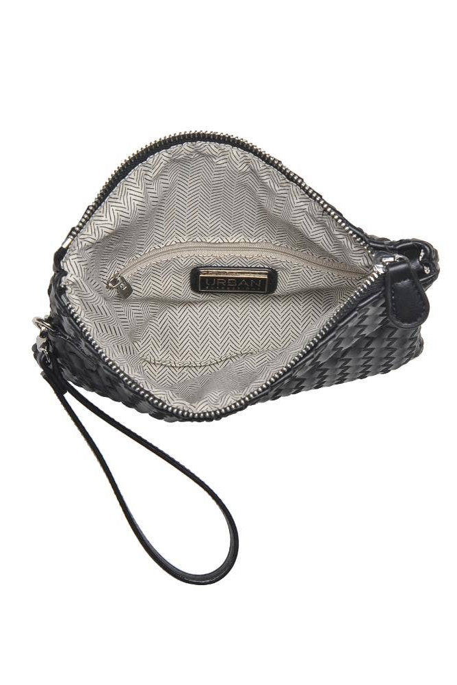 Black woven clutch bag with a visible brand label on a white background