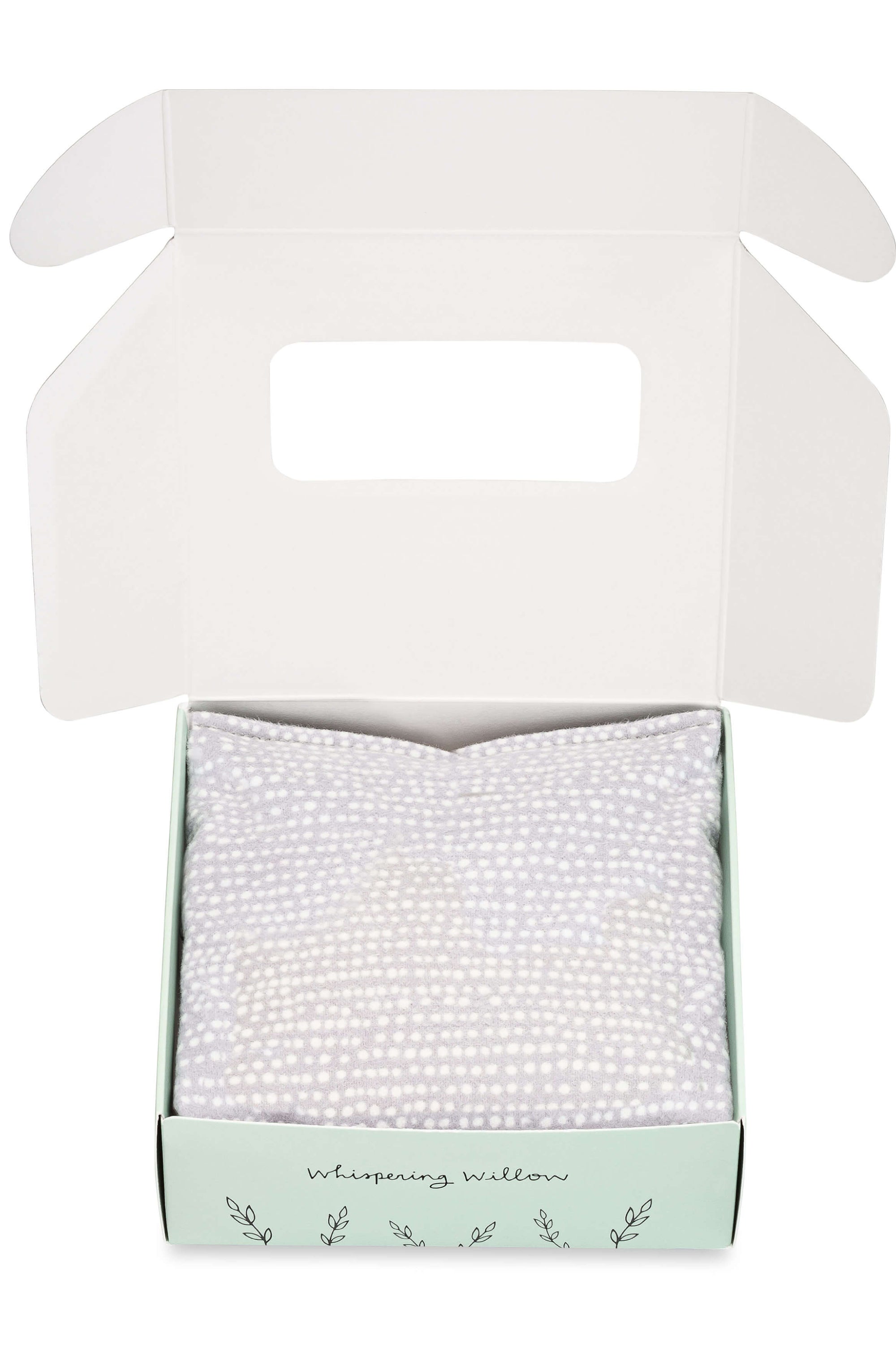 White beaded product in a box with 'Whispering Willow' branding on a white background