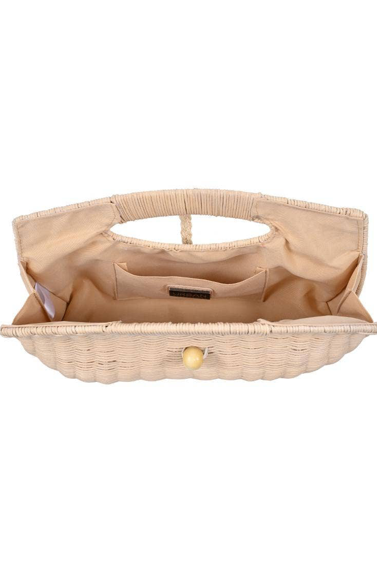 Beige woven handbag with a handle on a white background