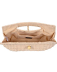 Beige woven handbag with a handle on a white background