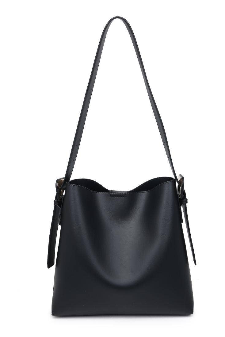 Black handbag with a shoulder strap on a white background