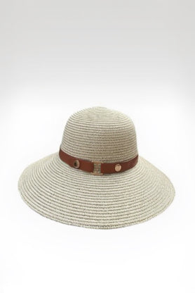 Beige straw hat with a brown leather band on a white background